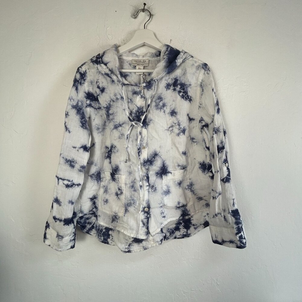 Rachel Zoe Womens Blue & White Tie-Dye Linen Hooded Button-Up Shirt Small New